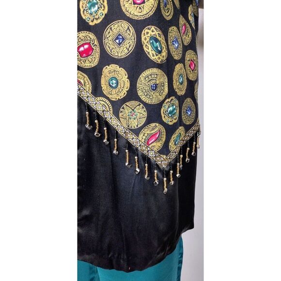 Vintage 80s Open Front Metallic Gold Jewel Coin Print Beaded Long Duster Jacket - Picture 4 of 11